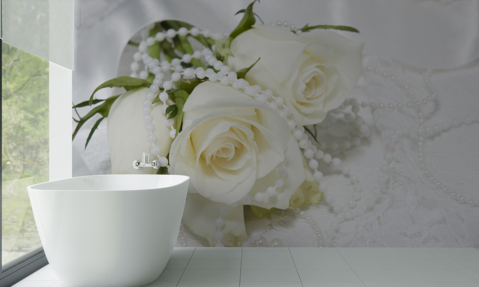 Fotobehang compositie van witte rozen met parelkraaltjes