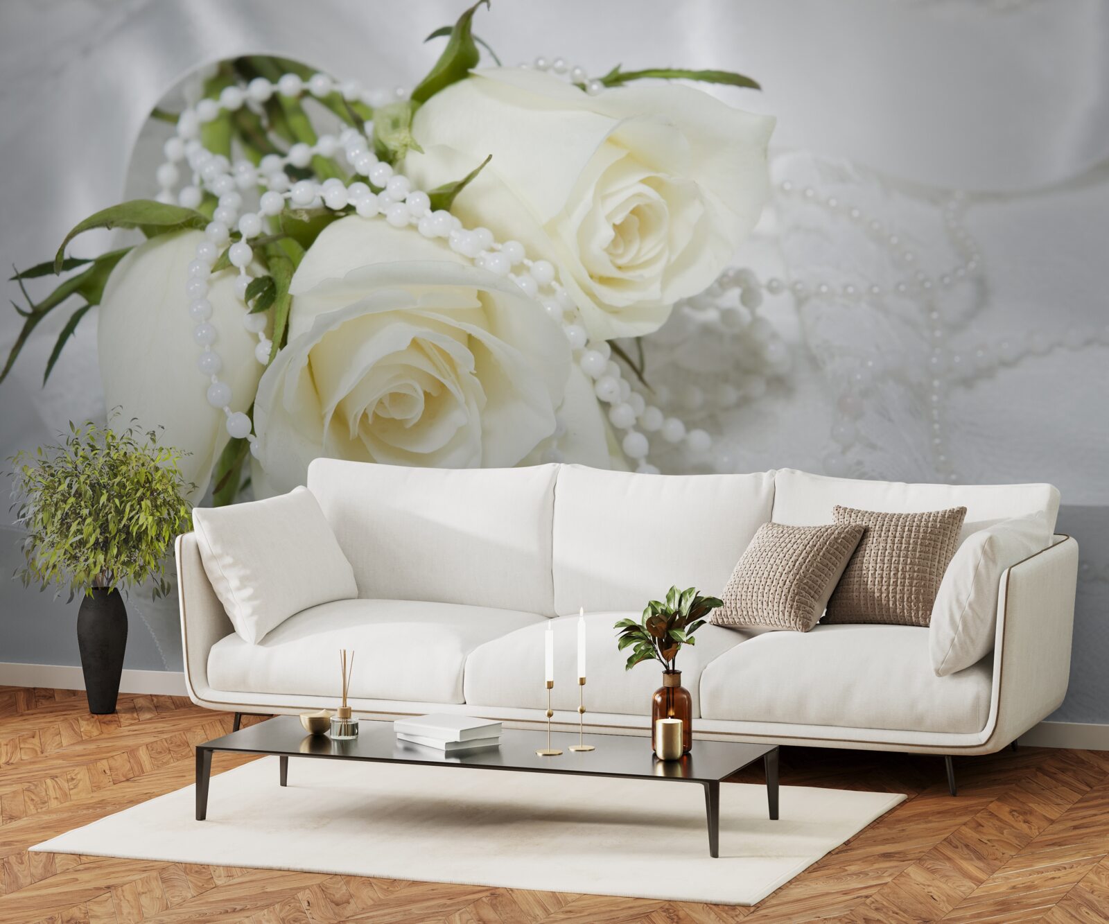 Fotobehang compositie van witte rozen met parelkraaltjes