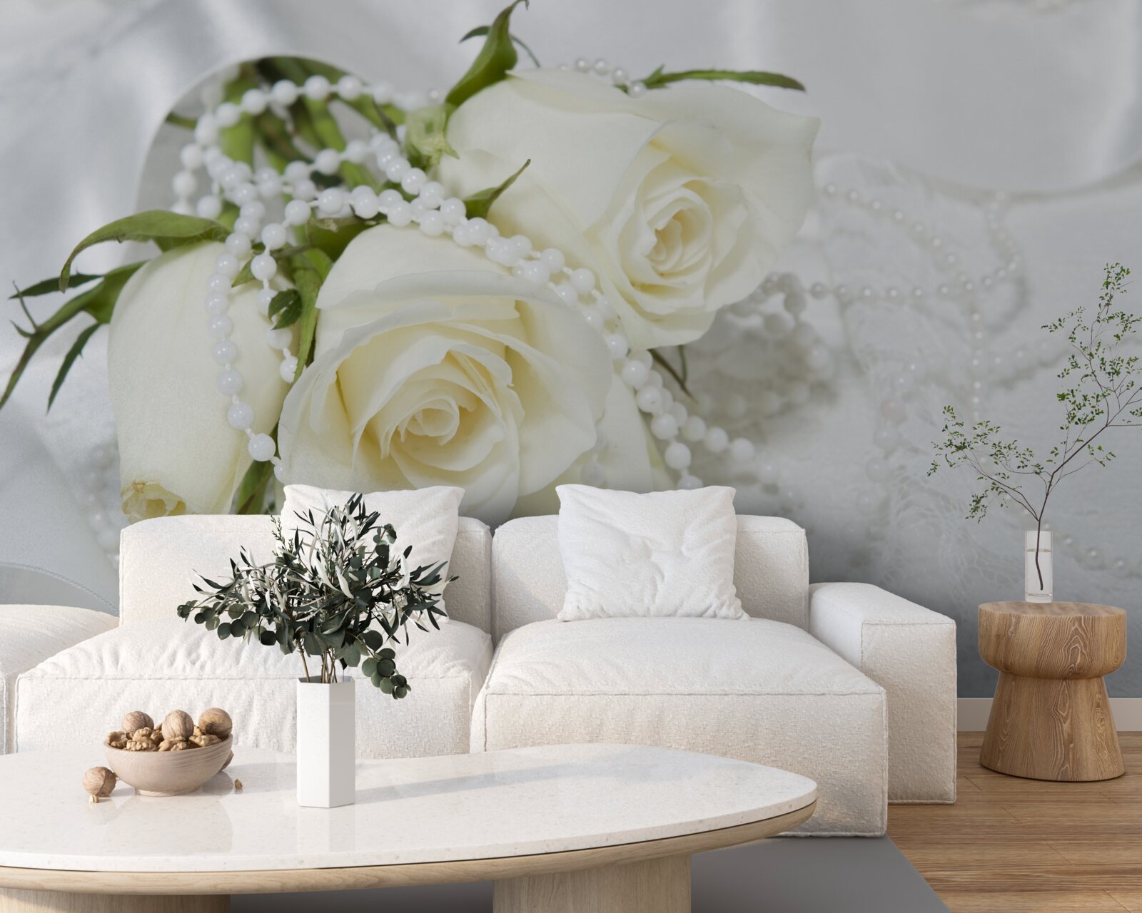 Fotobehang compositie van witte rozen met parelkraaltjes