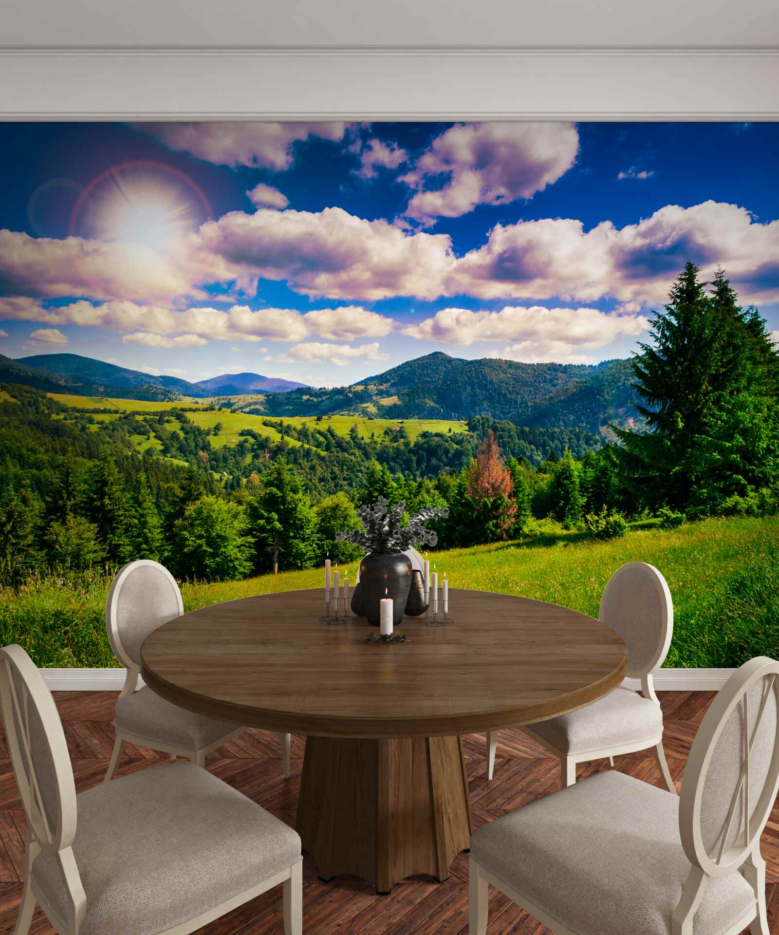 Fotobehang op een heldere dag de groene toppen van de weiden