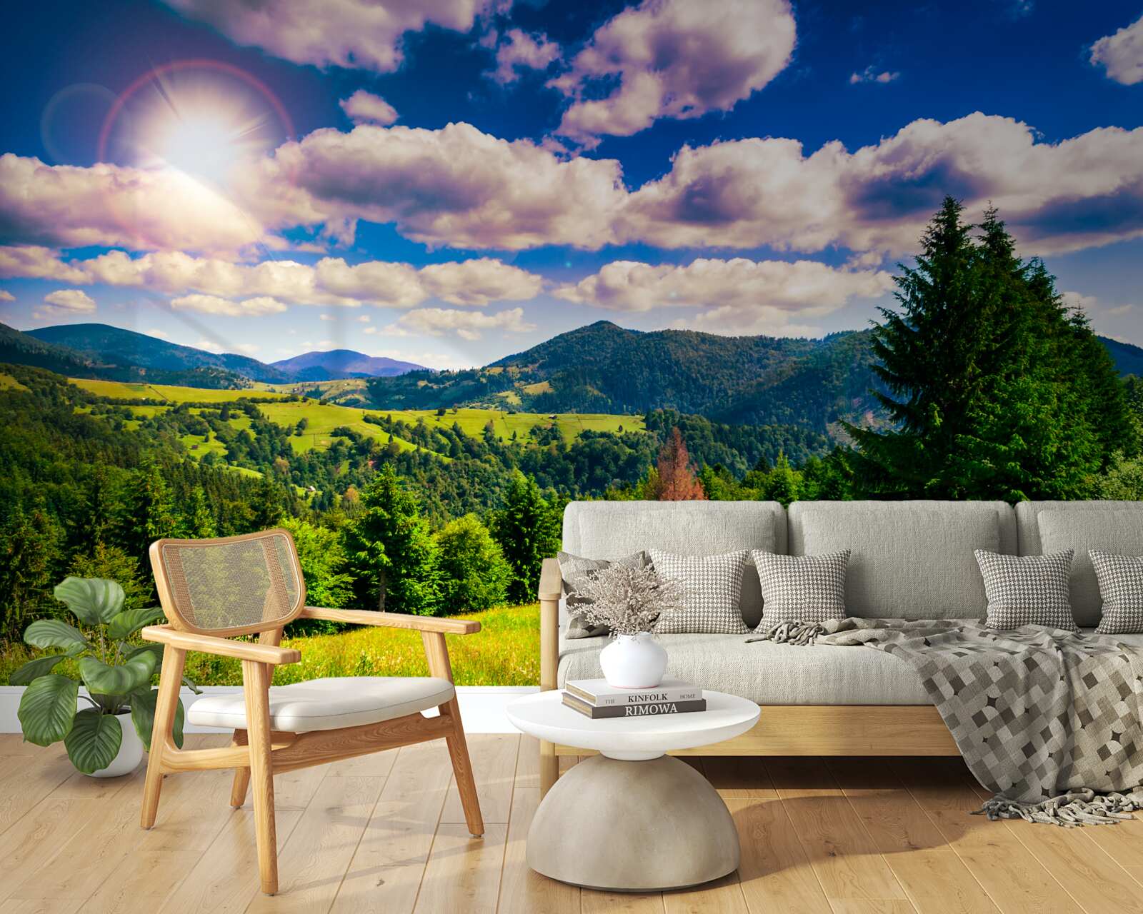 Fotobehang op een heldere dag de groene toppen van de weiden