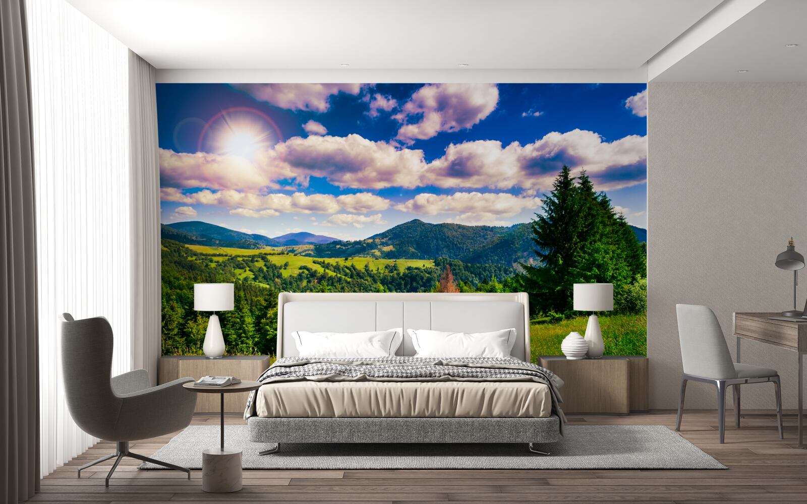 Fotobehang op een heldere dag de groene toppen van de weiden