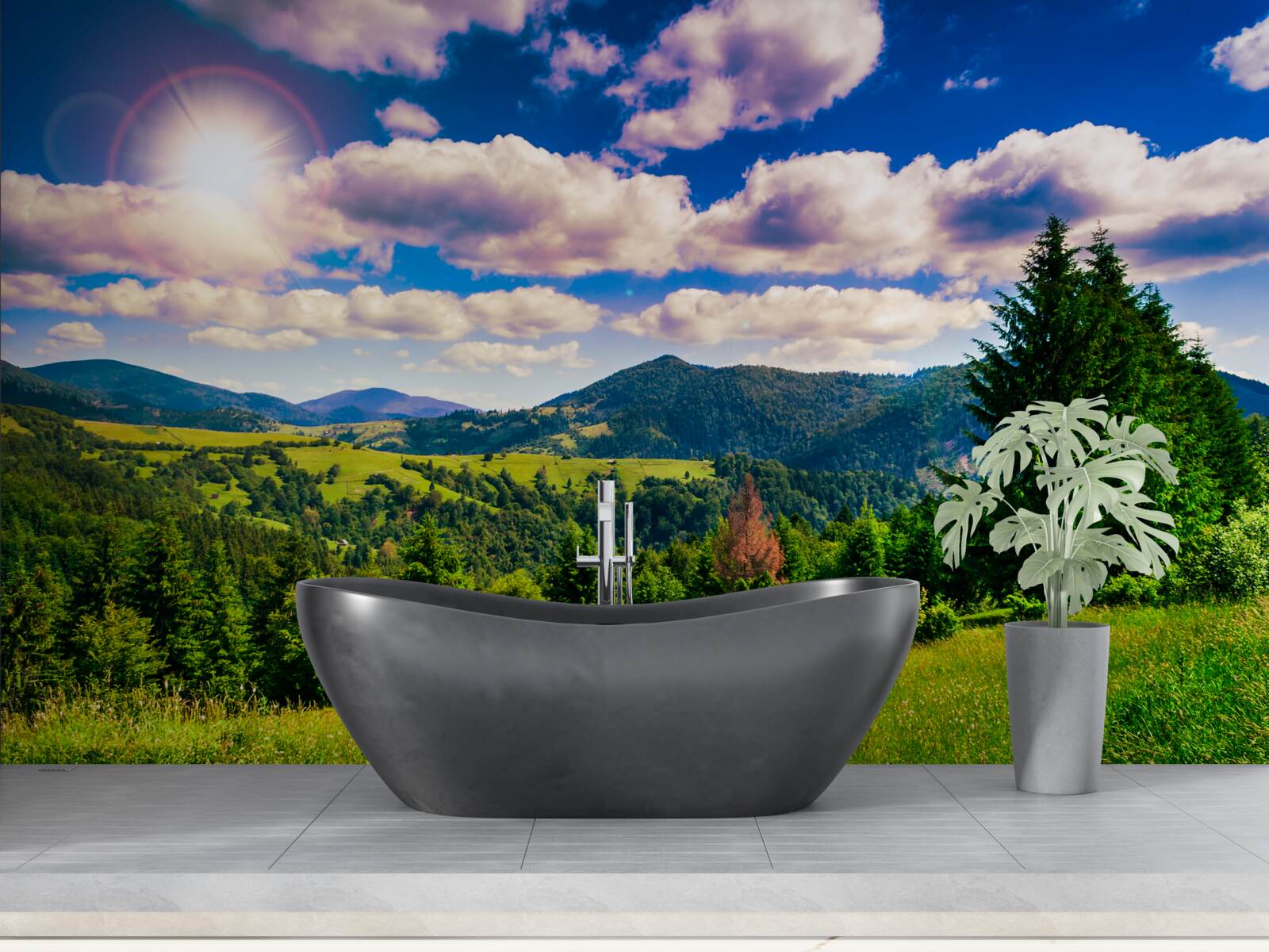 Fotobehang op een heldere dag de groene toppen van de weiden