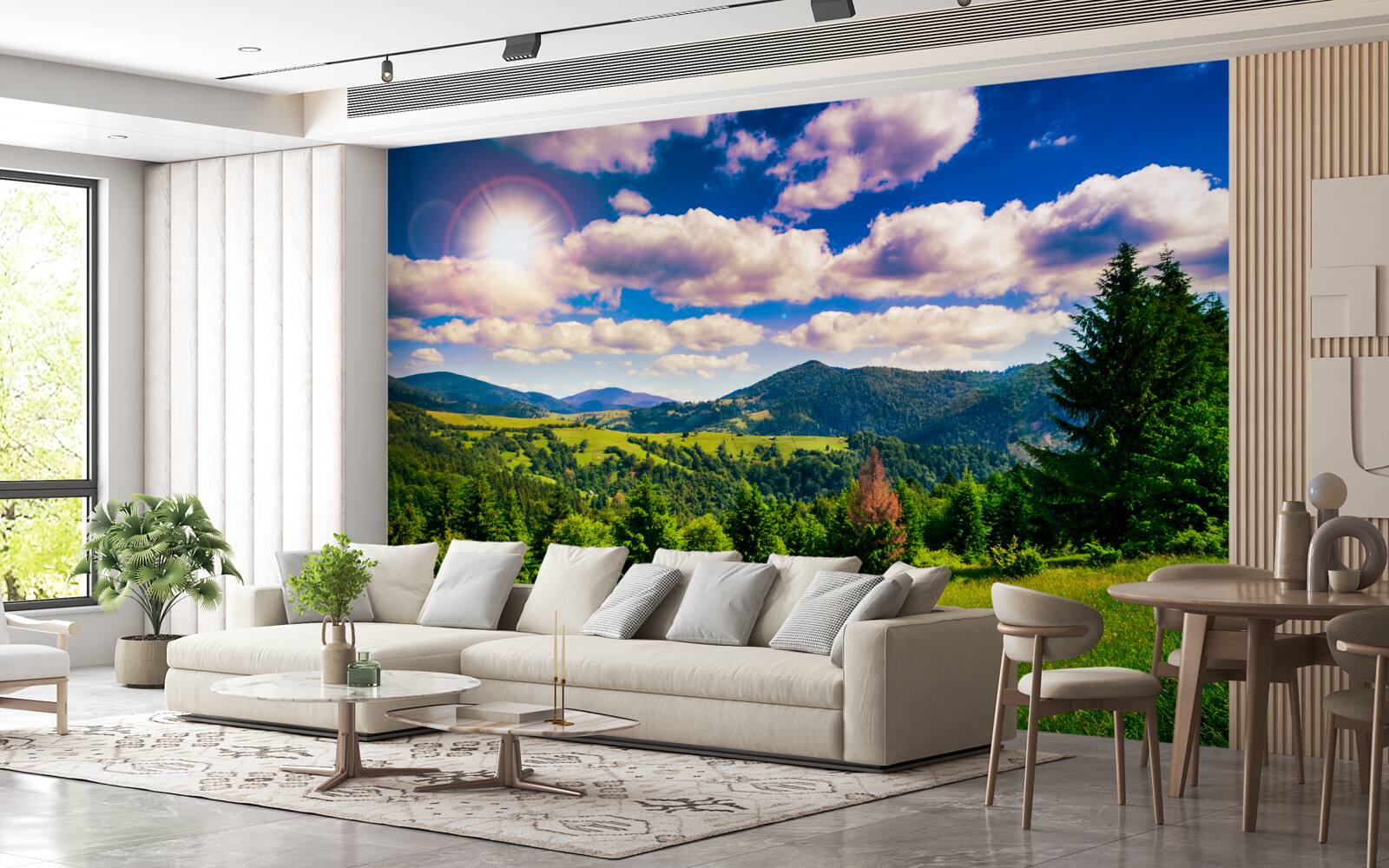 Fotobehang op een heldere dag de groene toppen van de weiden