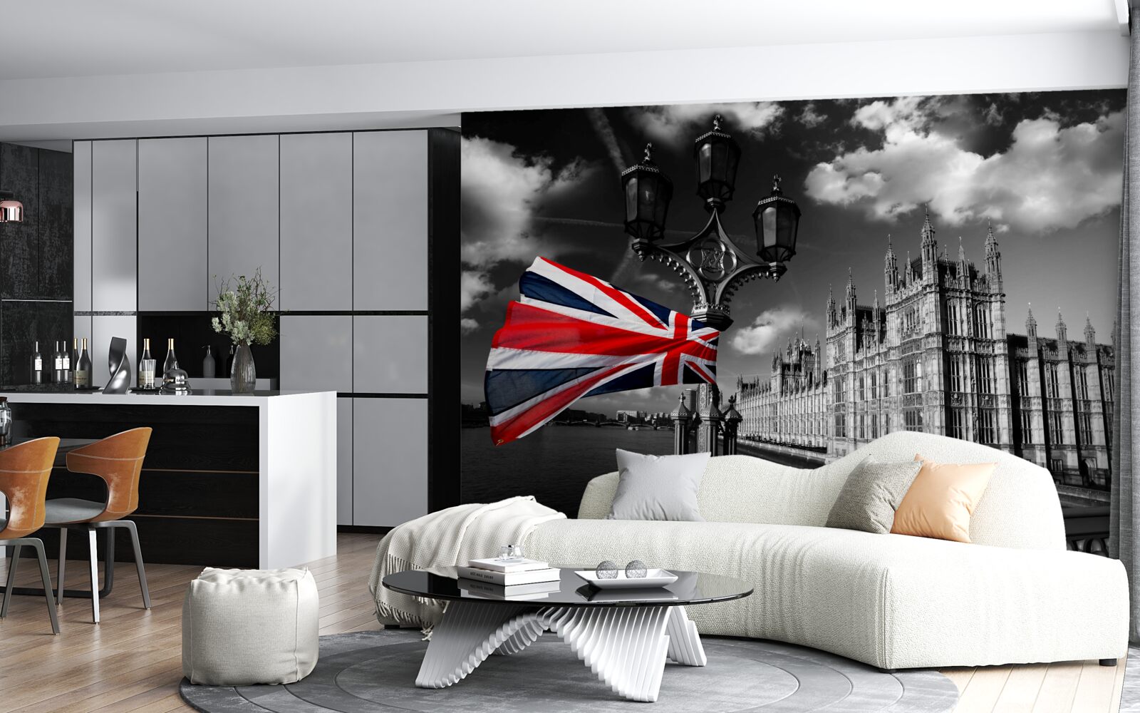 Fotobehang silhouet van de stad tegen de achtergrond van de Engelse vlag