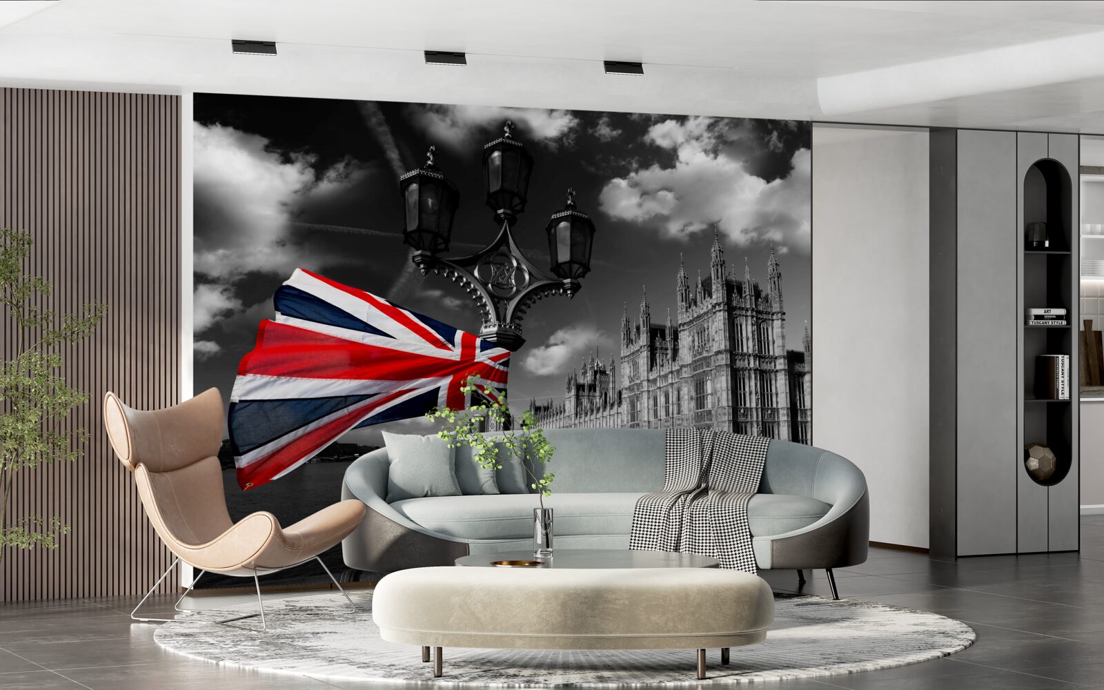 Fotobehang silhouet van de stad tegen de achtergrond van de Engelse vlag