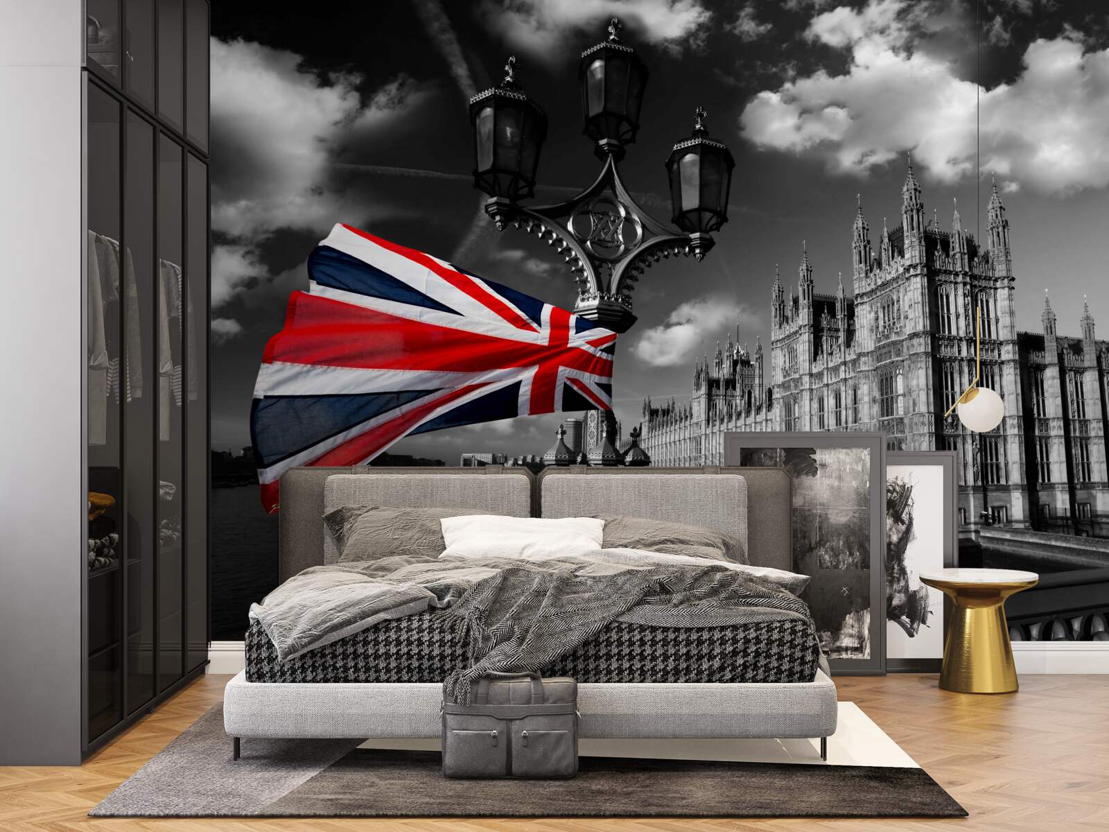 Fotobehang silhouet van de stad tegen de achtergrond van de Engelse vlag