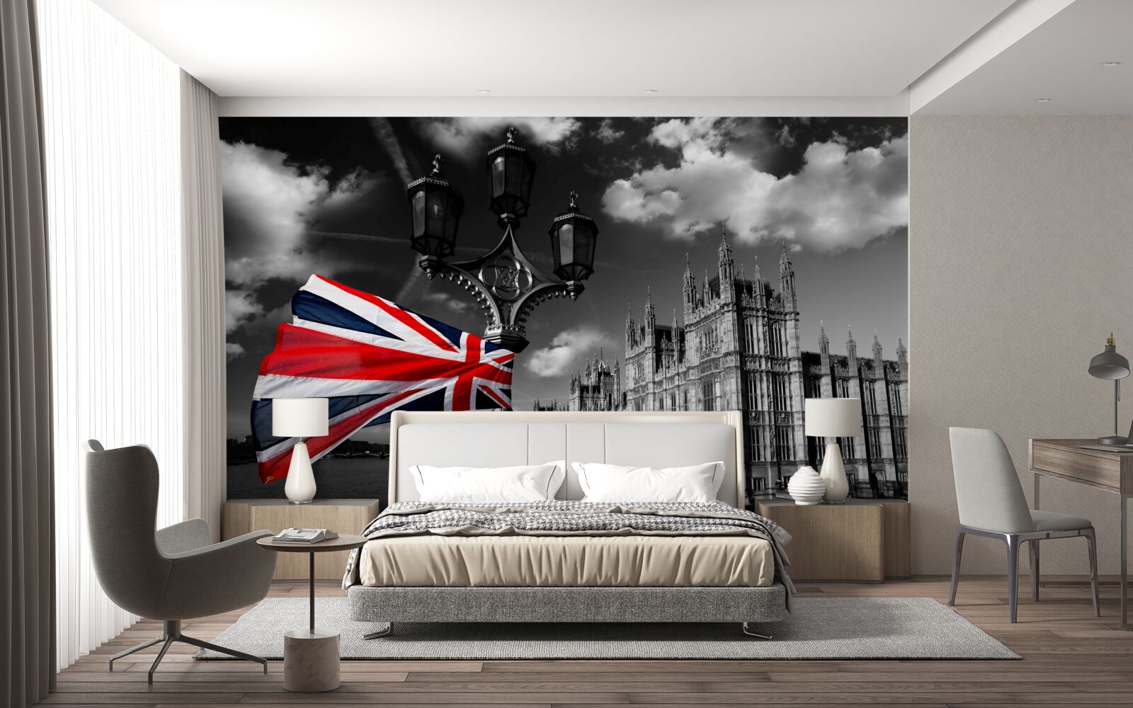 Fotobehang silhouet van de stad tegen de achtergrond van de Engelse vlag