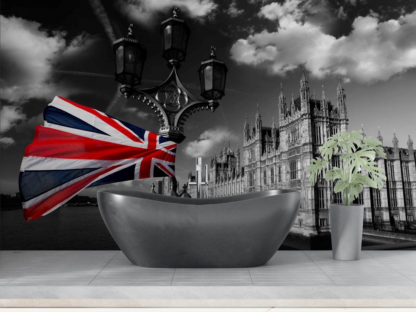 Fotobehang silhouet van de stad tegen de achtergrond van de Engelse vlag