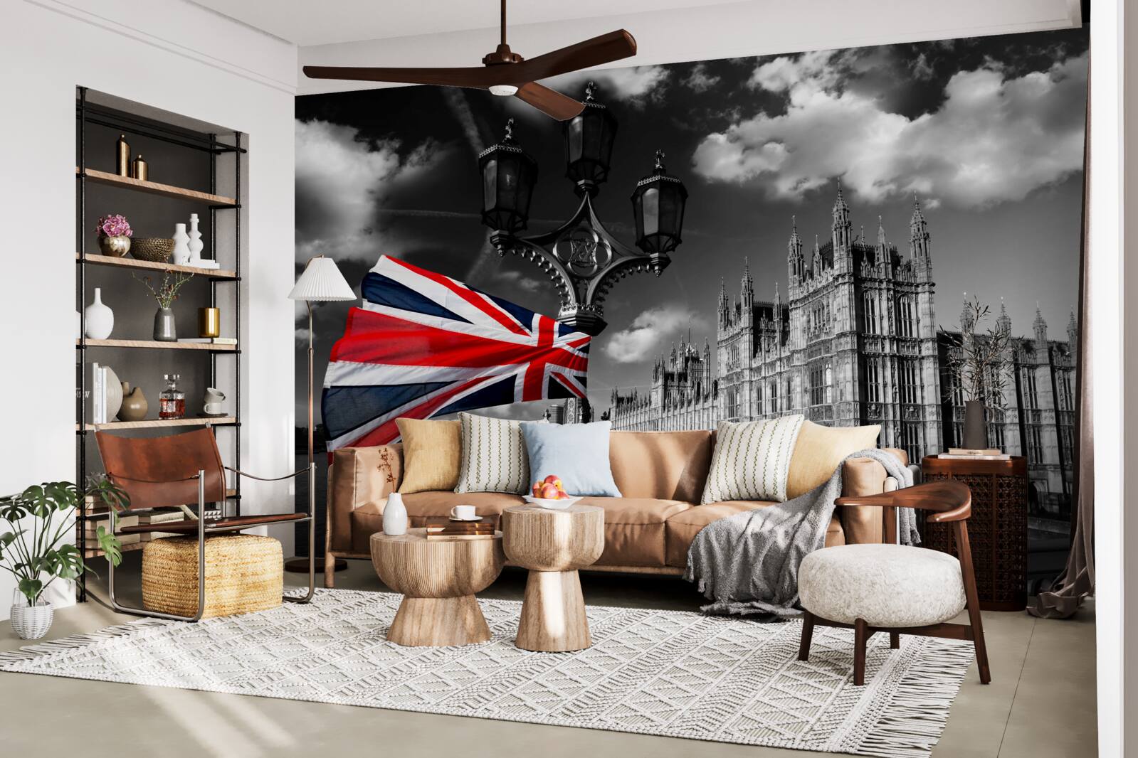 Fotobehang silhouet van de stad tegen de achtergrond van de Engelse vlag