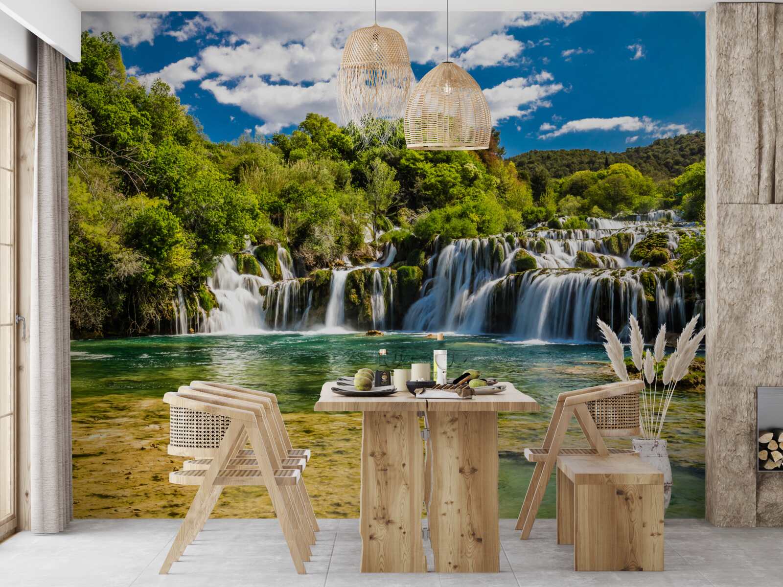 Fotobehang een enorme waterval die neerstort op een tropisch eiland