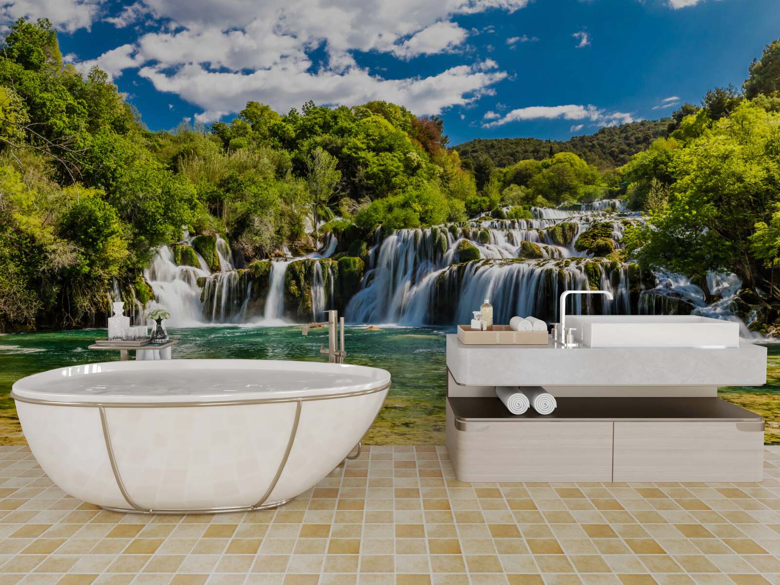 Fotobehang een enorme waterval die neerstort op een tropisch eiland