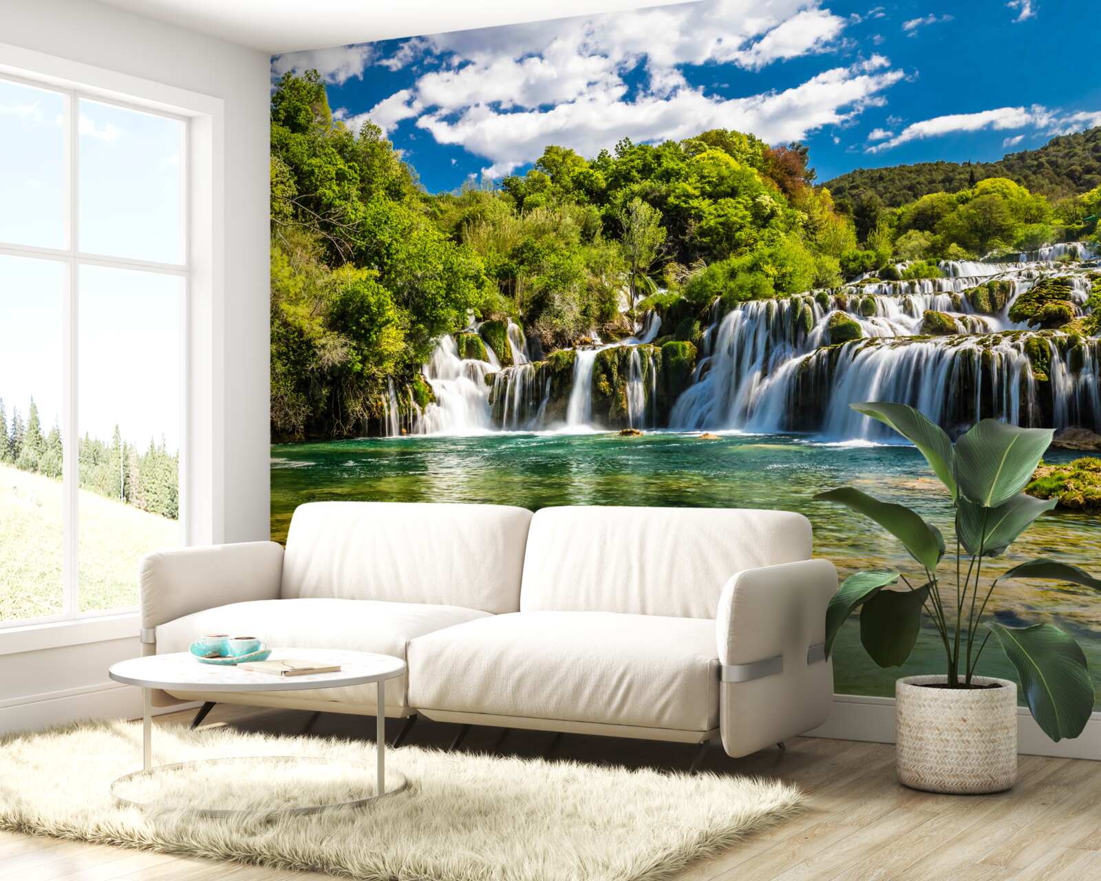 Fotobehang een enorme waterval die neerstort op een tropisch eiland