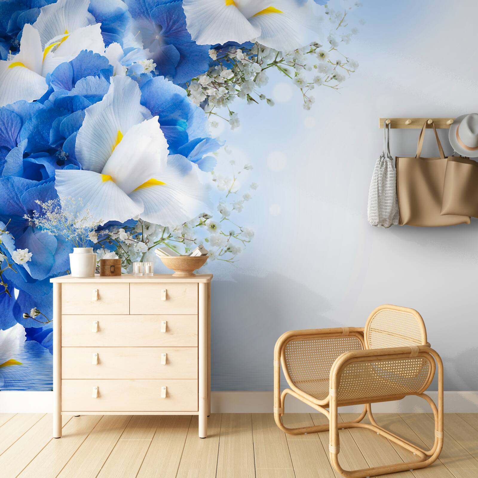 Fotobehang blauwe verf en witte knoppen bij de vijver