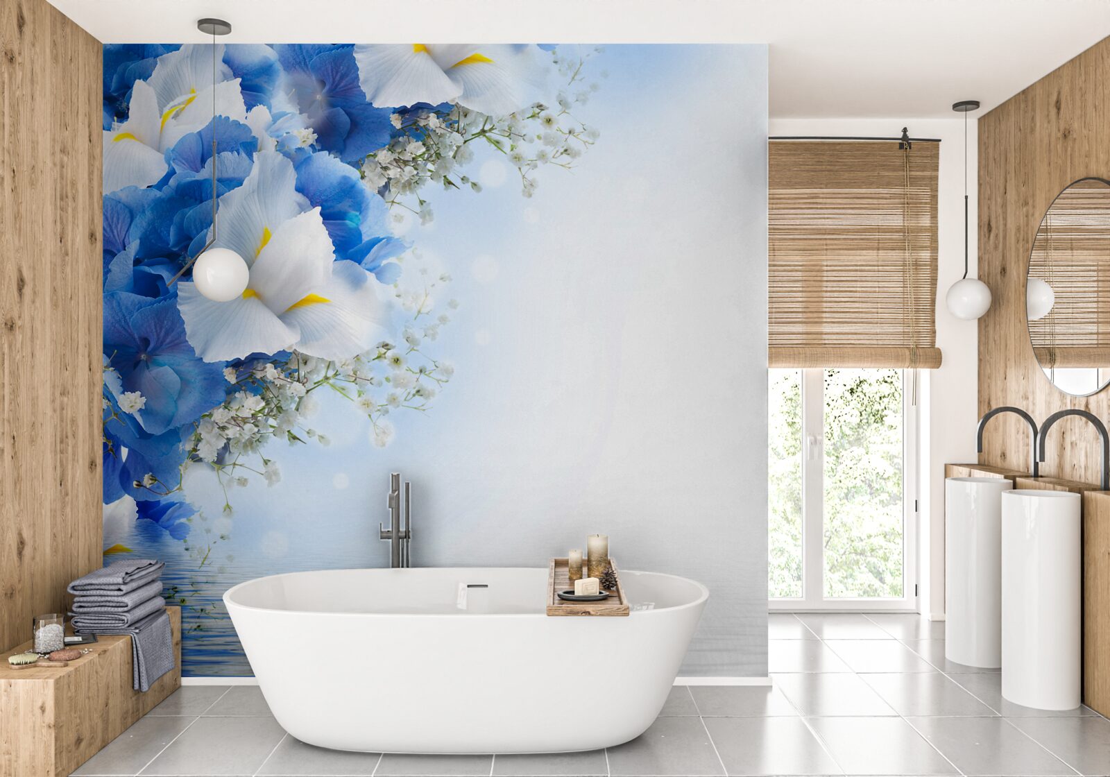 Fotobehang blauwe verf en witte knoppen bij de vijver