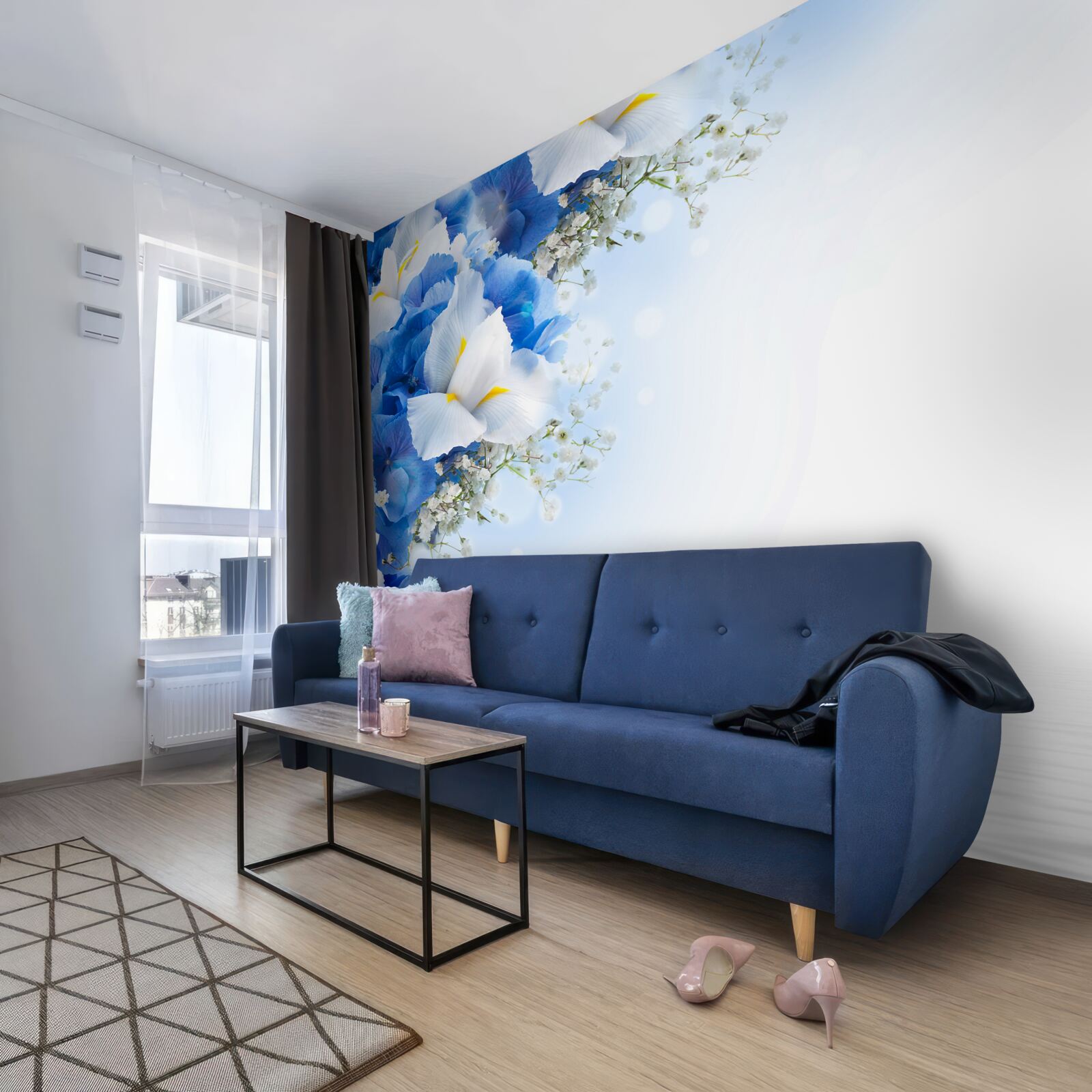 Fotobehang blauwe verf en witte knoppen bij de vijver