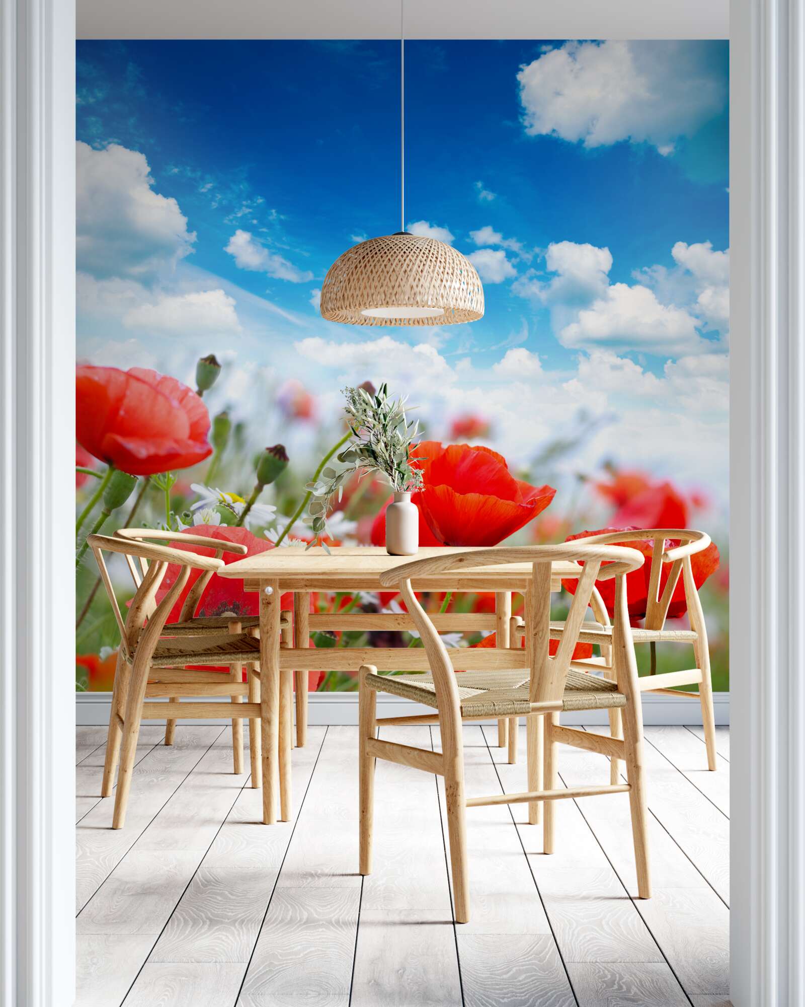 Fotobehang een weide bezaaid met rode klaprozen en witte margrieten