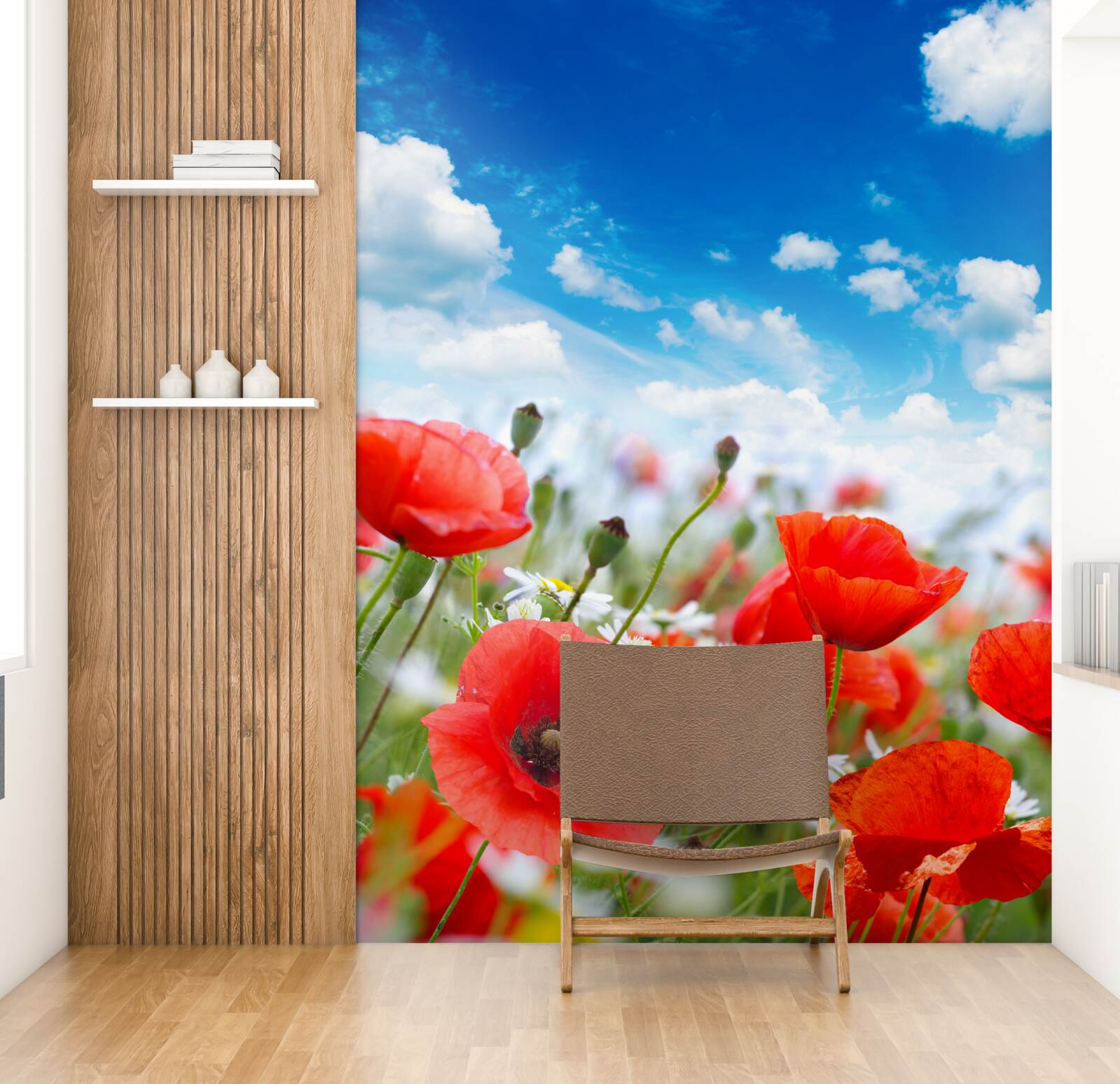 Fotobehang een weide bezaaid met rode klaprozen en witte margrieten