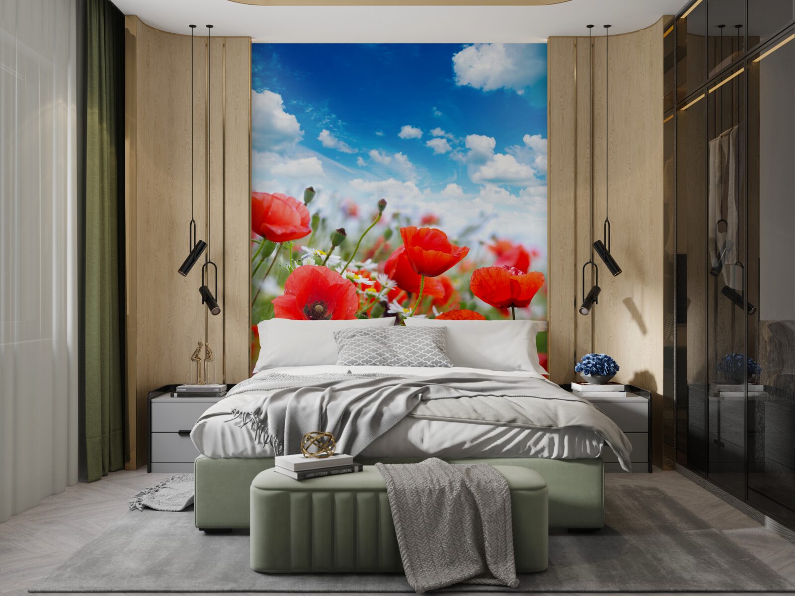 Fotobehang een weide bezaaid met rode klaprozen en witte margrieten