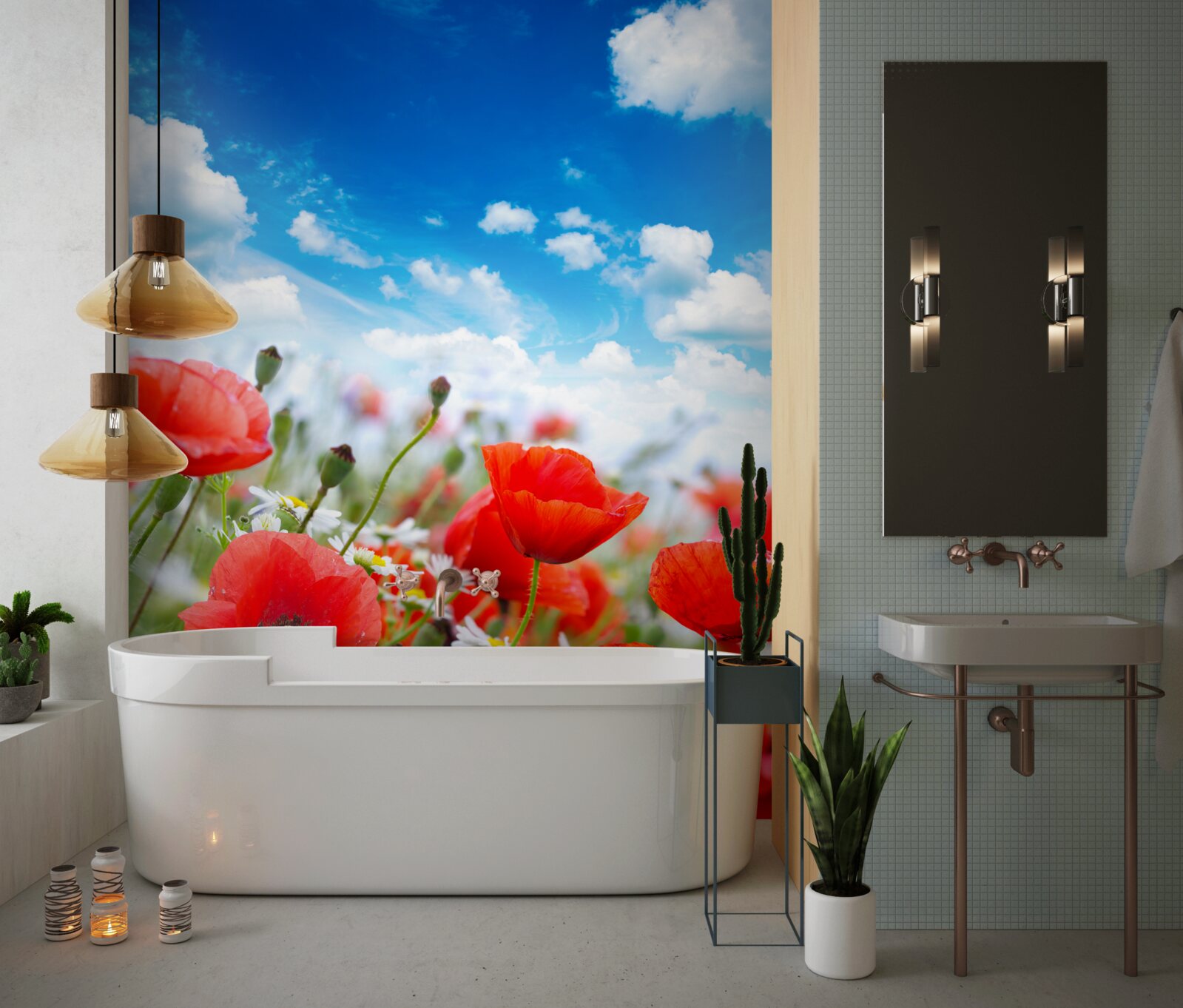 Fotobehang een weide bezaaid met rode klaprozen en witte margrieten