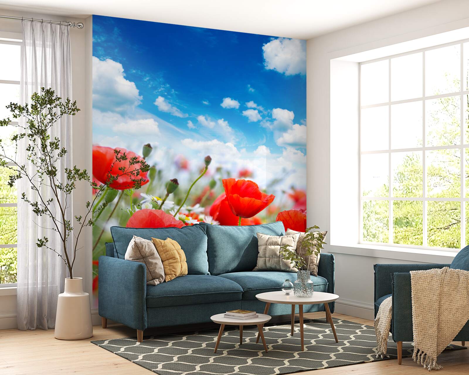 Fotobehang een weide bezaaid met rode klaprozen en witte margrieten