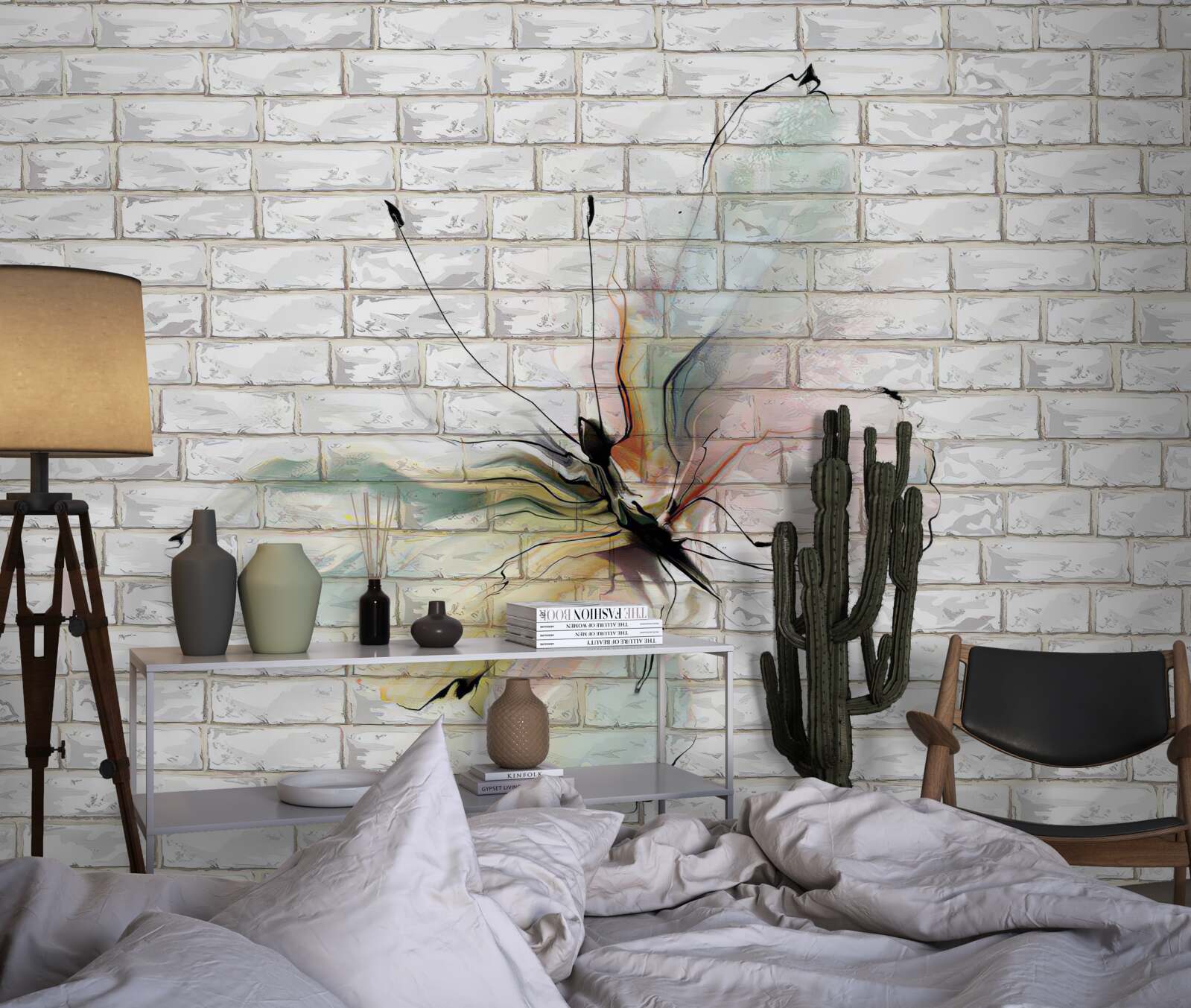 Fotobehang vlinder in abstracte stijl op een witte muur