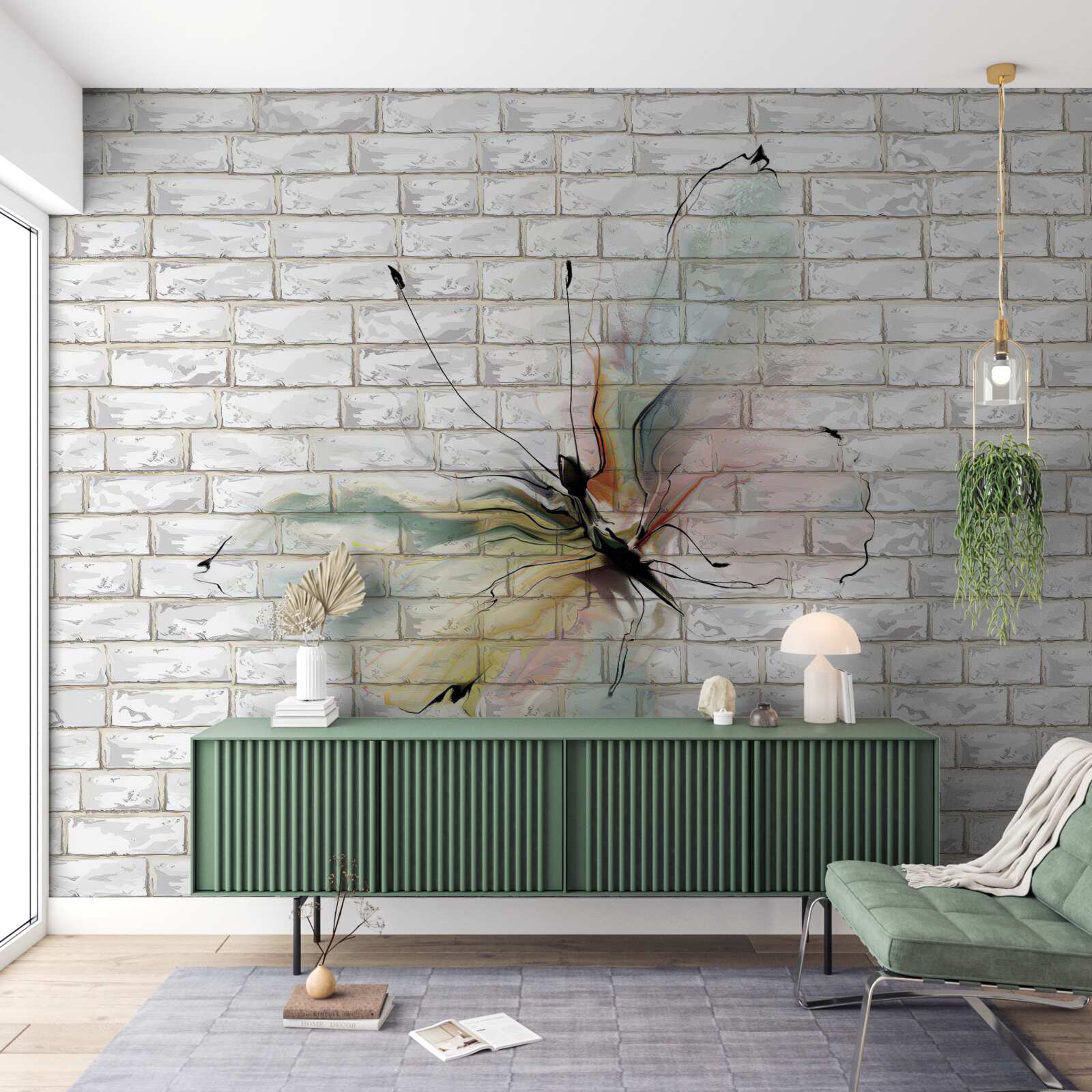 Fotobehang vlinder in abstracte stijl op een witte muur