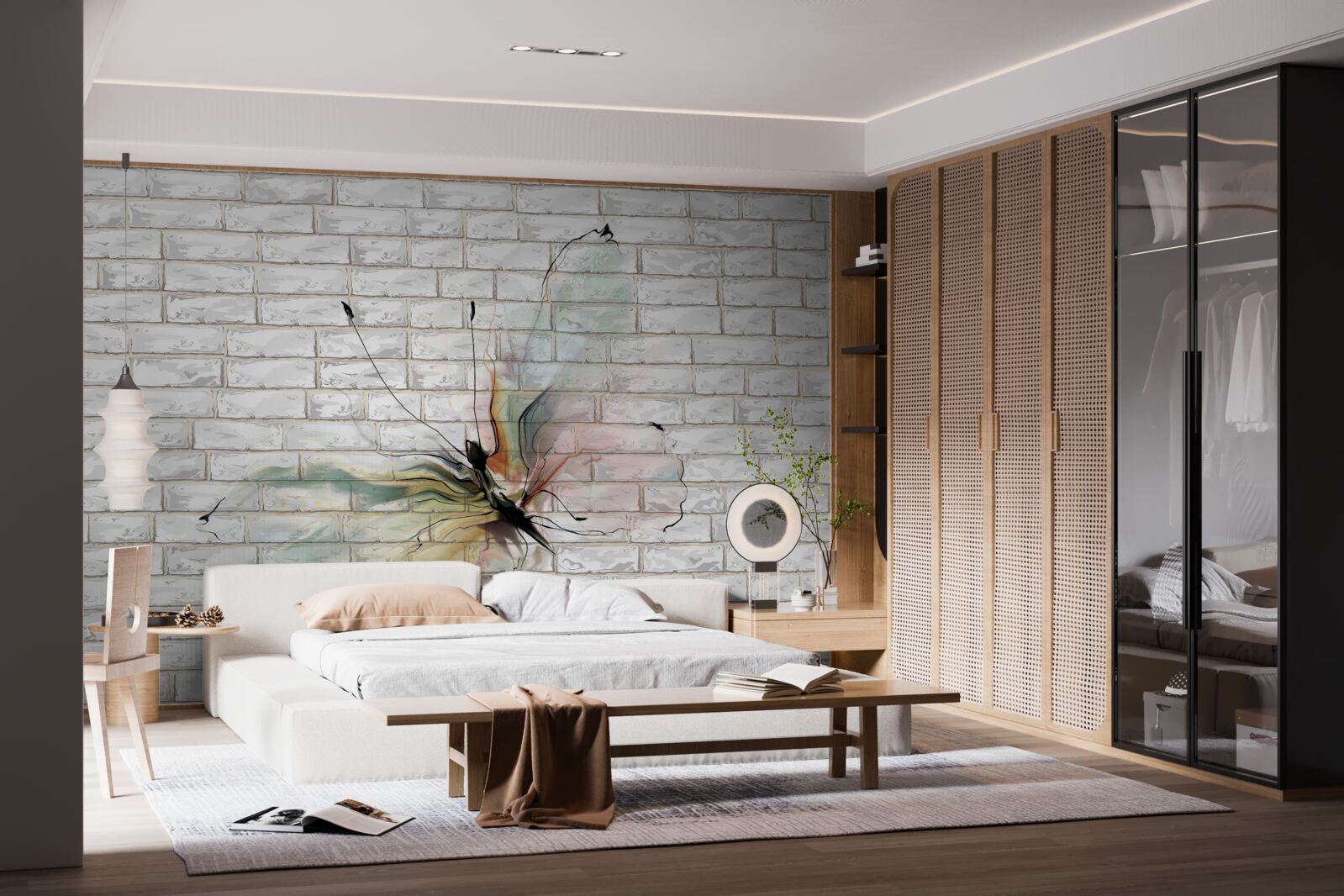 Fotobehang vlinder in abstracte stijl op een witte muur