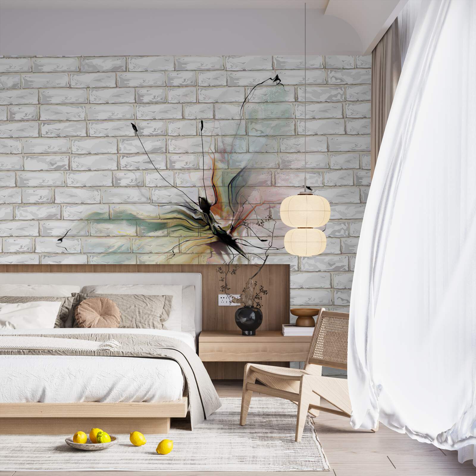 Fotobehang vlinder in abstracte stijl op een witte muur