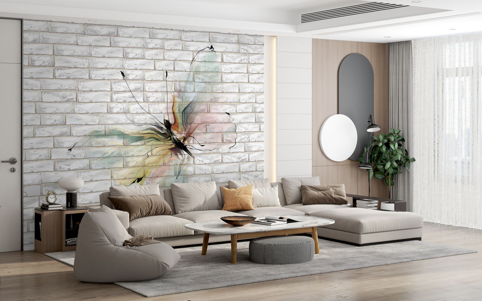 Fotobehang vlinder in abstracte stijl op een witte muur