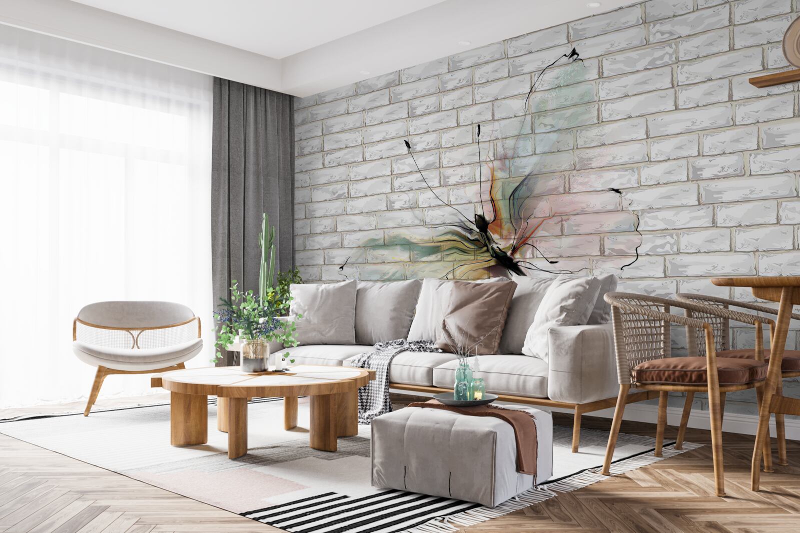 Fotobehang vlinder in abstracte stijl op een witte muur