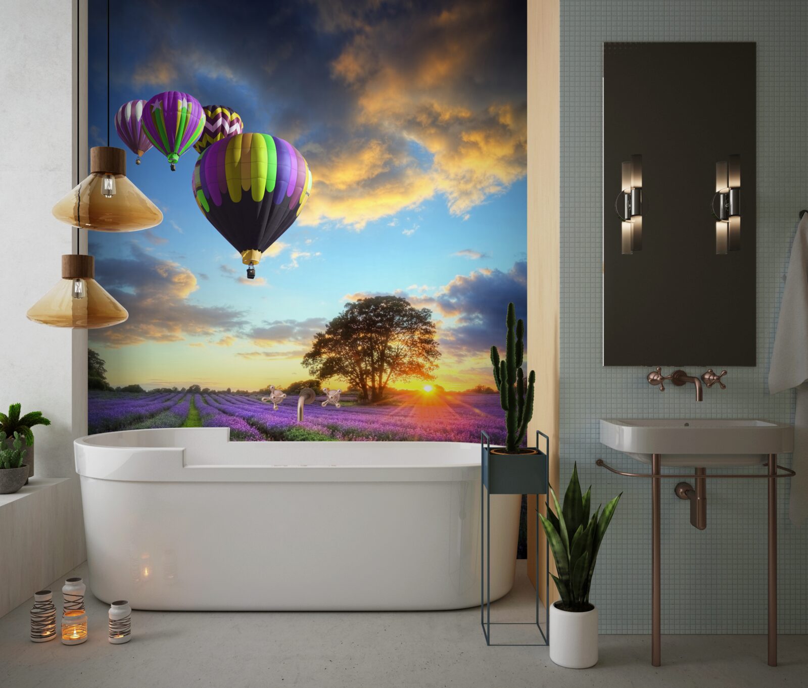 Fotobehang een heldere heteluchtballon zwevend boven een lavendelveld