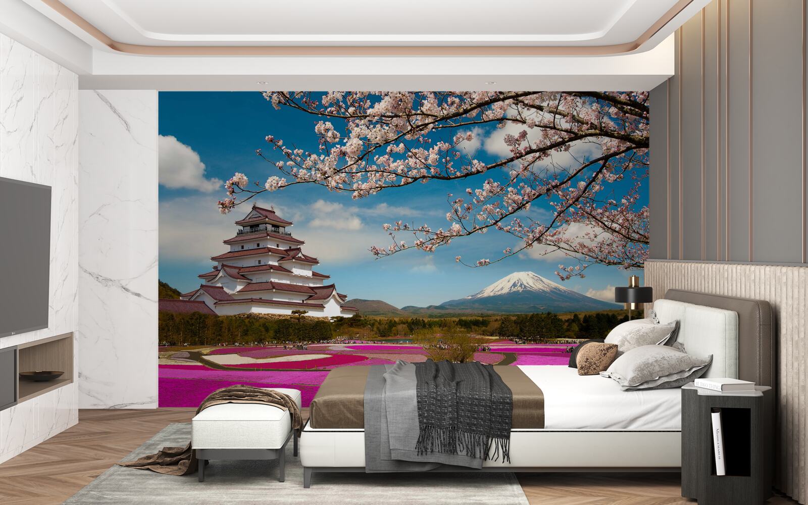 Fotobehang bij het Japanse huis zijn weelderige tuinen met tulpen