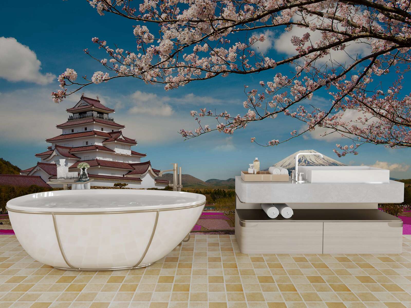 Fotobehang bij het Japanse huis zijn weelderige tuinen met tulpen