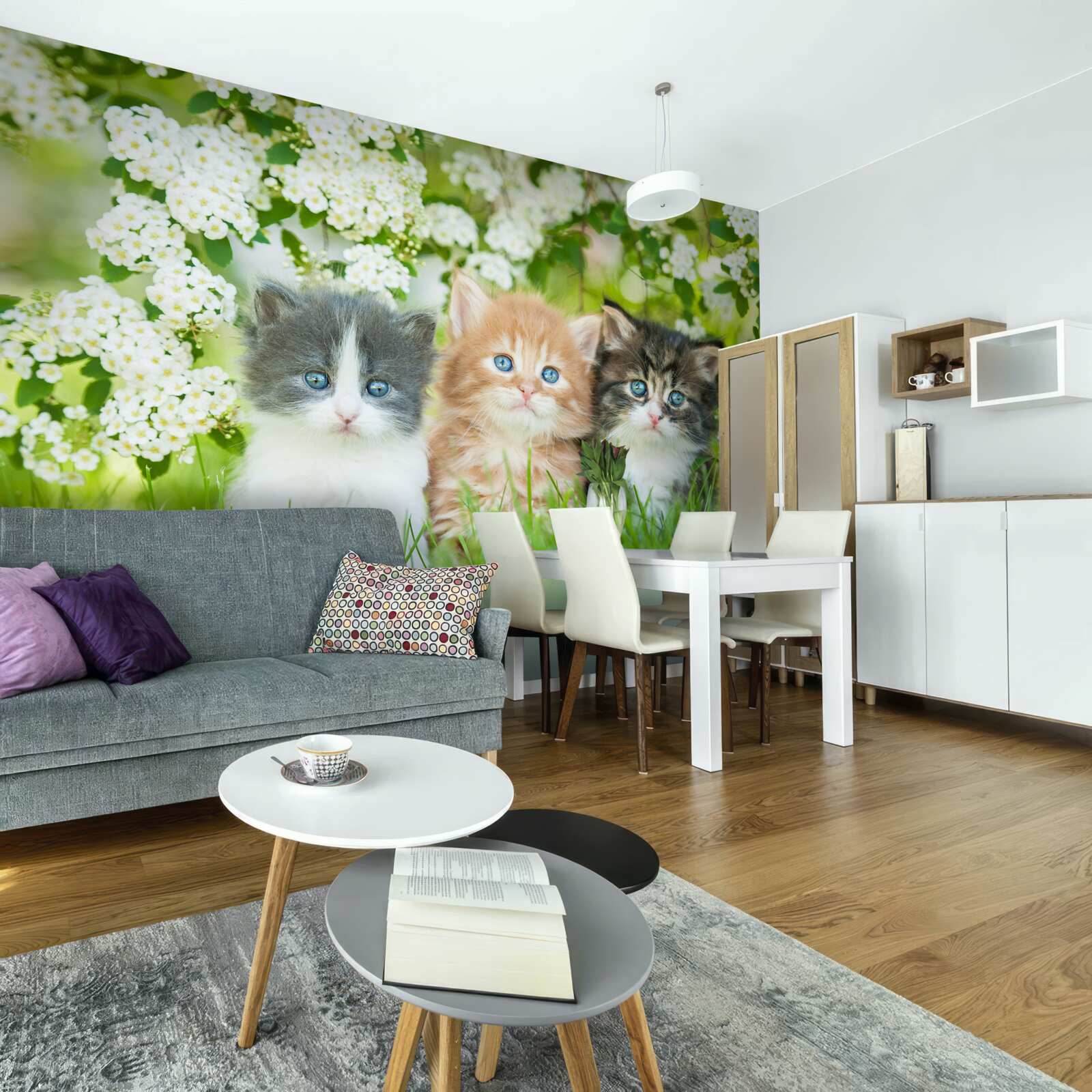 Fotobehang kittens in een bloeiende weide