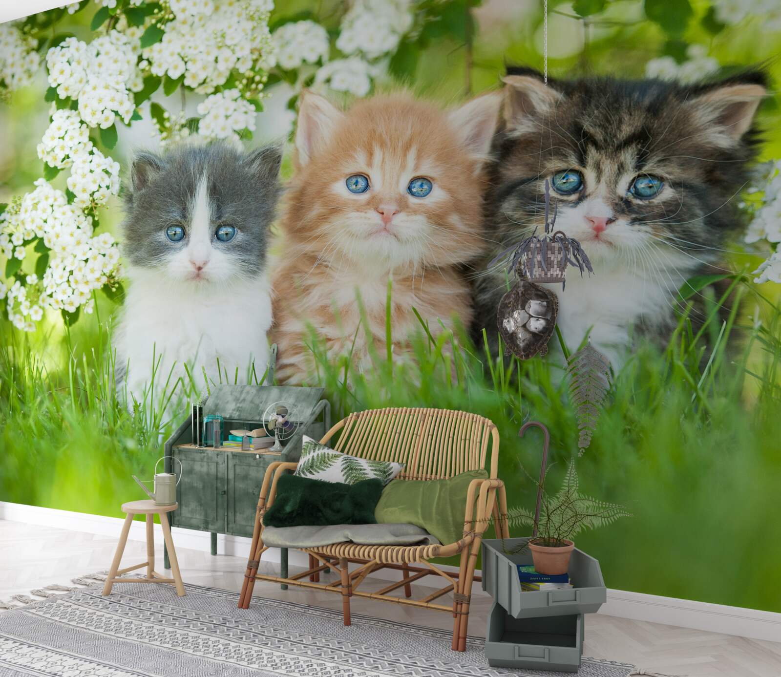 Fotobehang kittens in een bloeiende weide