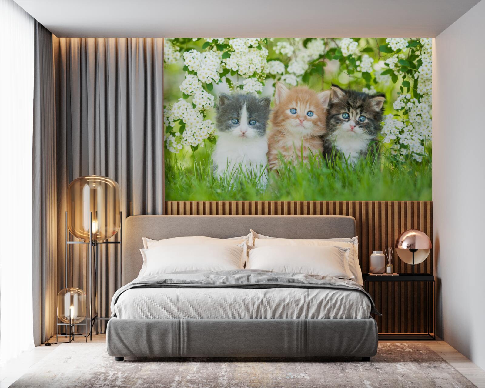 Fotobehang kittens in een bloeiende weide