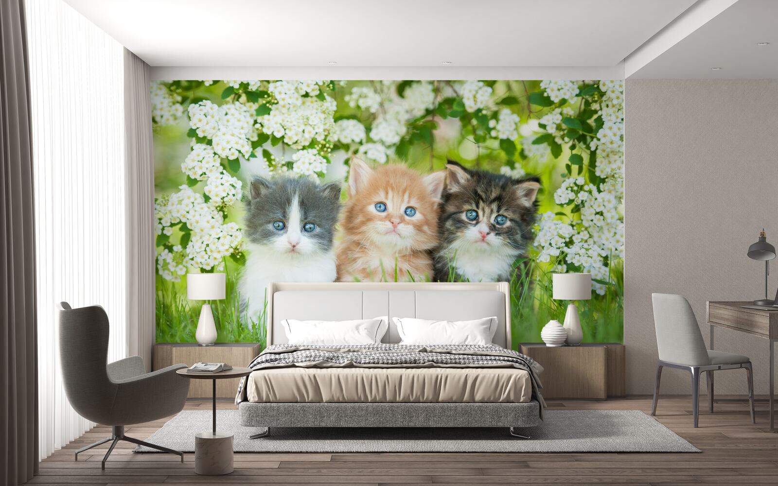 Fotobehang kittens in een bloeiende weide