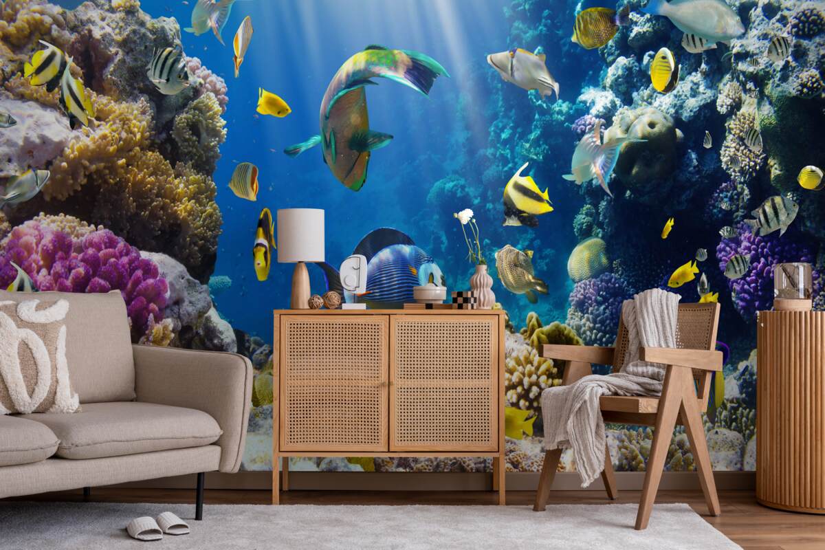 Fotobehang heldere vissen en onderwaterplanten