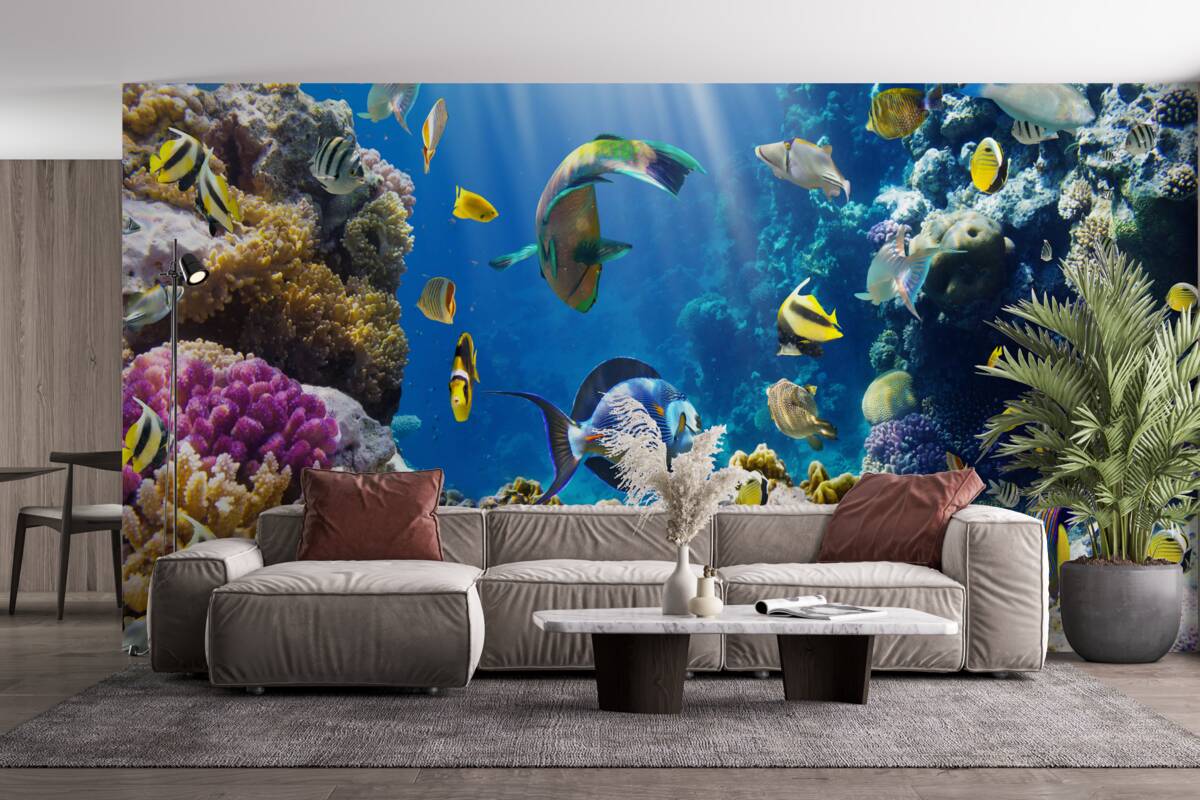 Fotobehang heldere vissen en onderwaterplanten