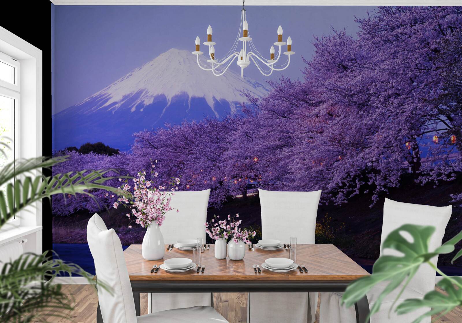 Fotobehang bomen met bloeiende paarse bloemen tegen de achtergrond van Mt. fuji
