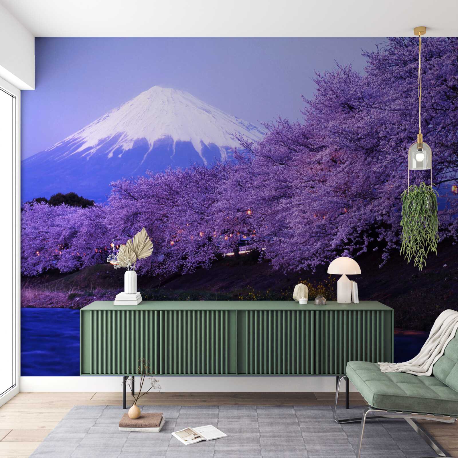Fotobehang bomen met bloeiende paarse bloemen tegen de achtergrond van Mt. fuji