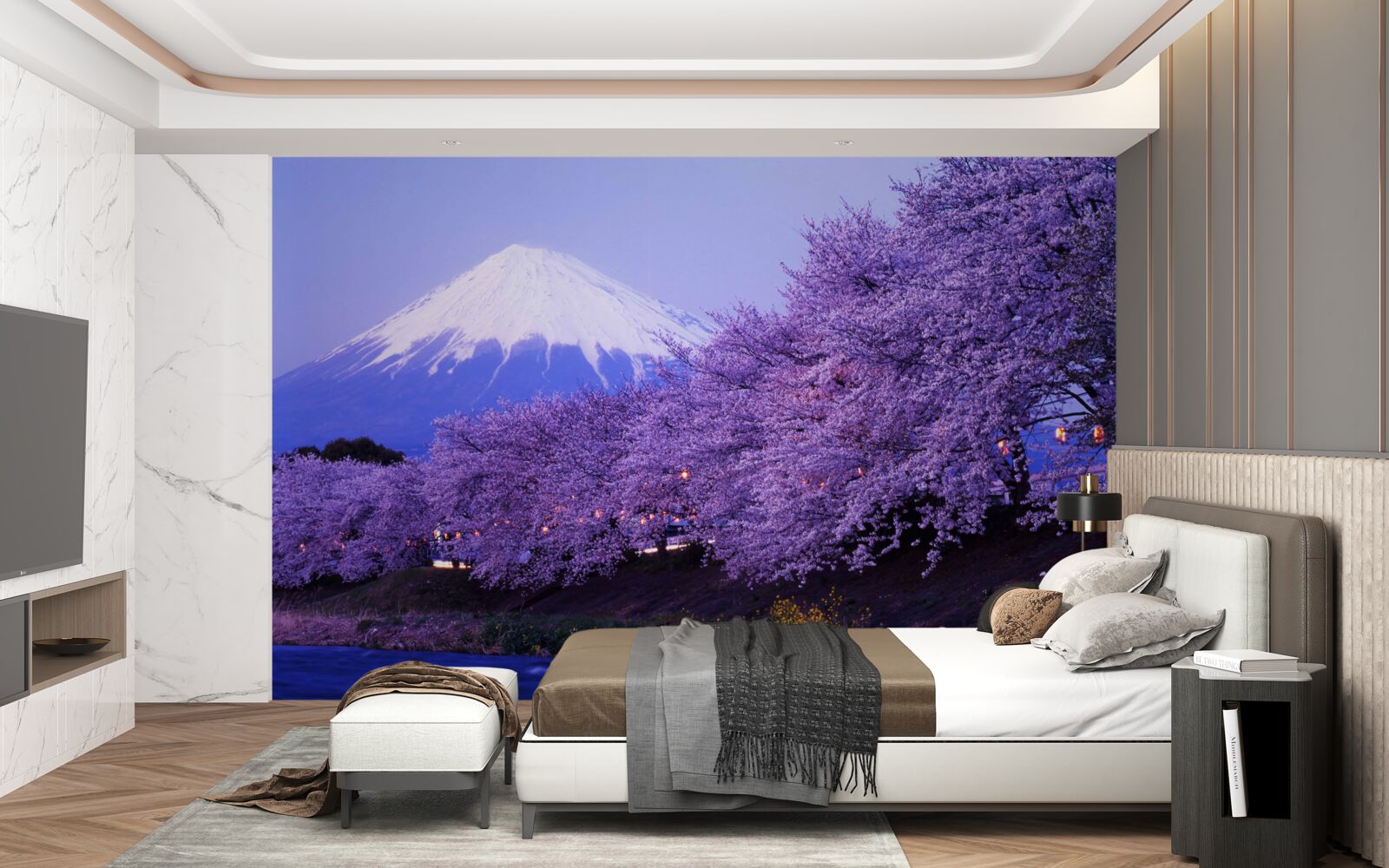 Fotobehang bomen met bloeiende paarse bloemen tegen de achtergrond van Mt. fuji