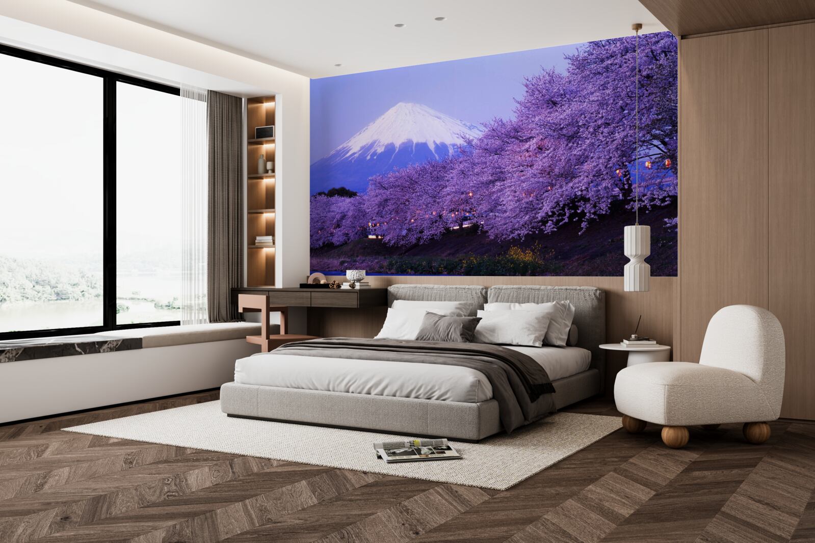 Fotobehang bomen met bloeiende paarse bloemen tegen de achtergrond van Mt. fuji