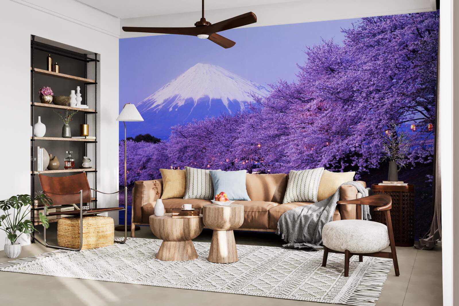 Fotobehang bomen met bloeiende paarse bloemen tegen de achtergrond van Mt. fuji