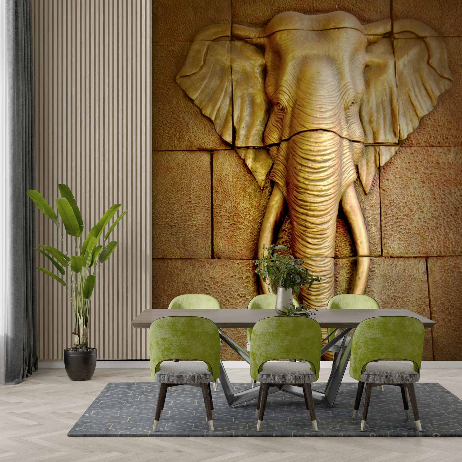 Fotobehang afbeelding van een olifant met slagtanden op een stenen oppervlak