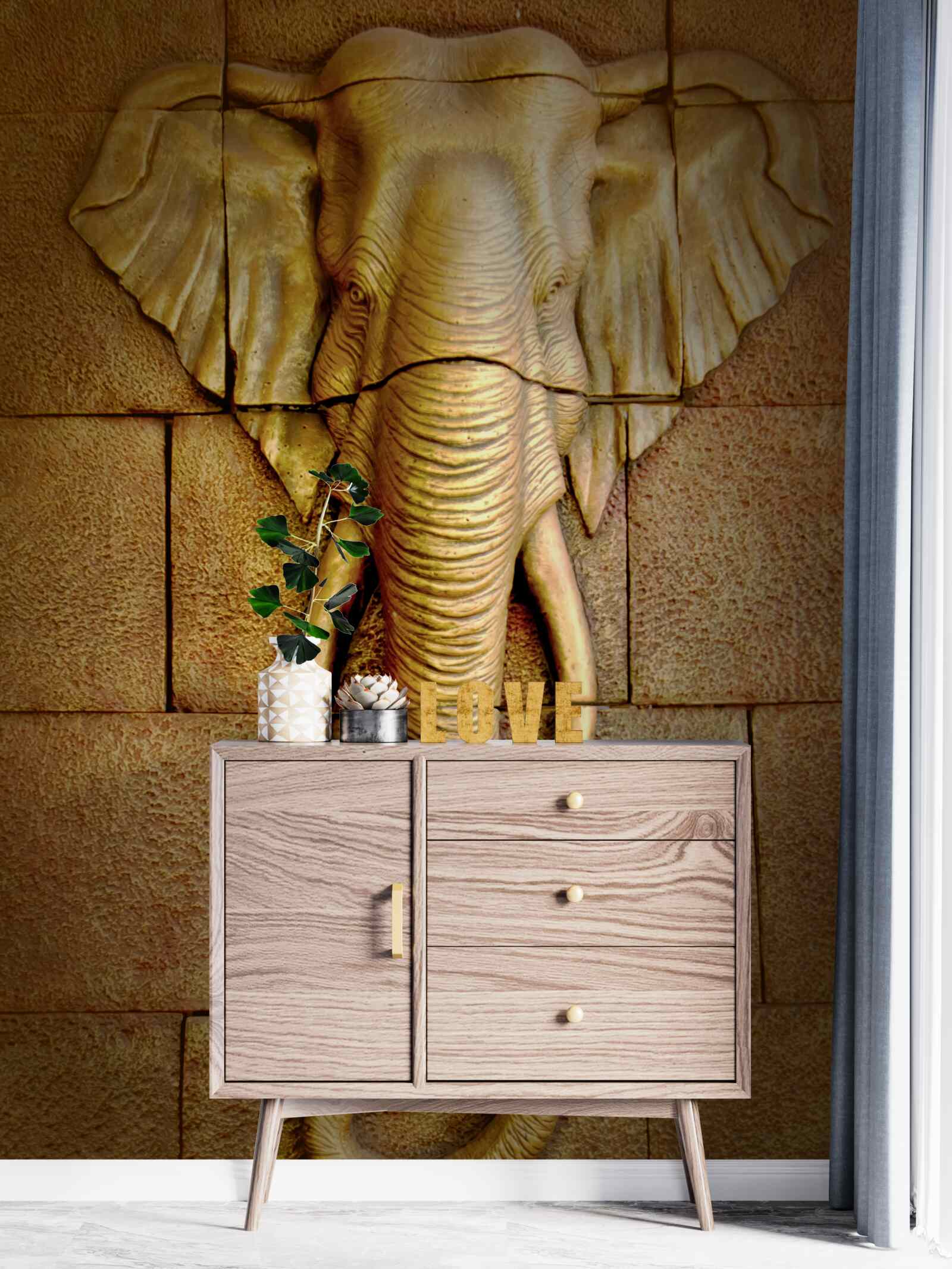 Fotobehang afbeelding van een olifant met slagtanden op een stenen oppervlak