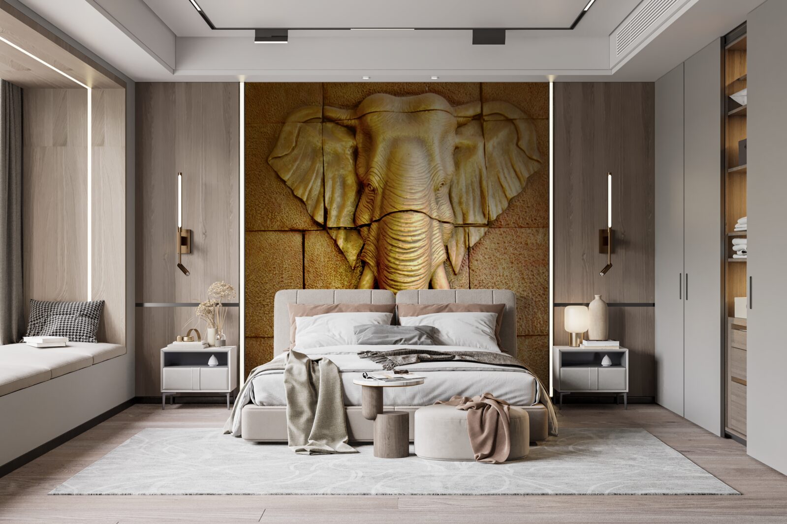 Fotobehang afbeelding van een olifant met slagtanden op een stenen oppervlak