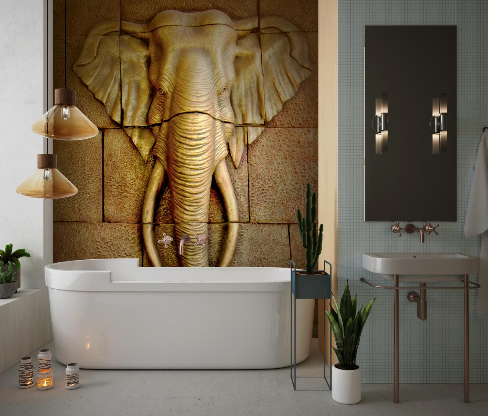 Fotobehang afbeelding van een olifant met slagtanden op een stenen oppervlak