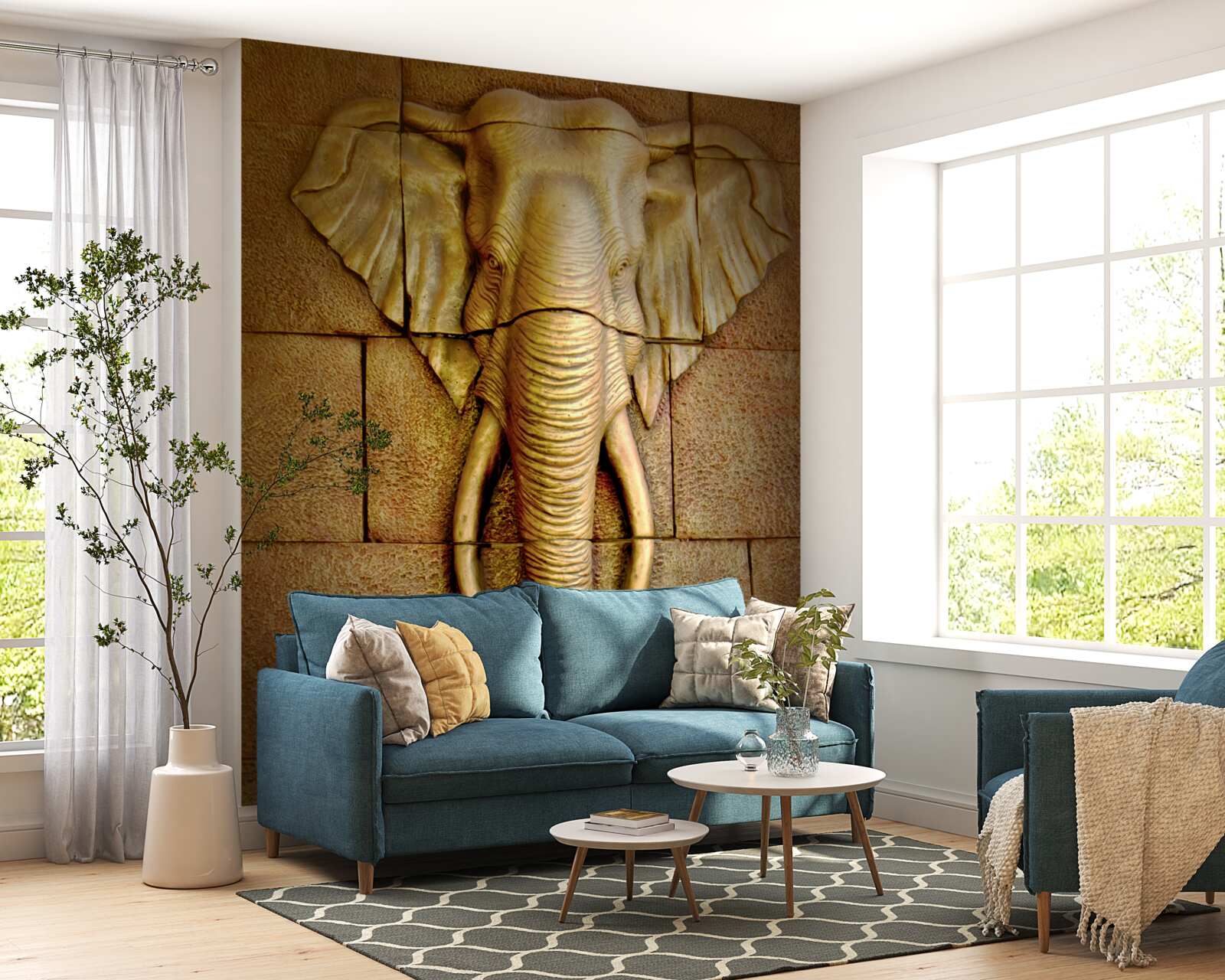 Fotobehang afbeelding van een olifant met slagtanden op een stenen oppervlak